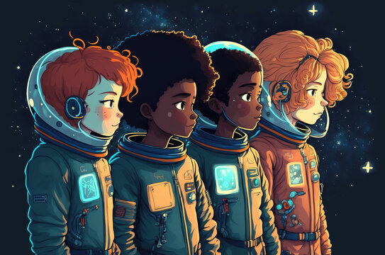 Teenage astronauts space explorers. sketch art for artist creativity and inspiration. generative AI	
