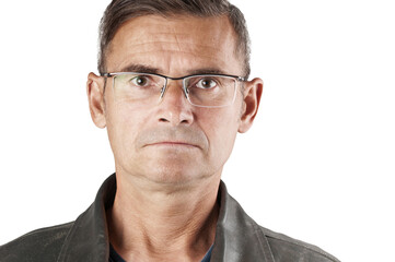 Close up portrait of mature man in eyeglasses on white background