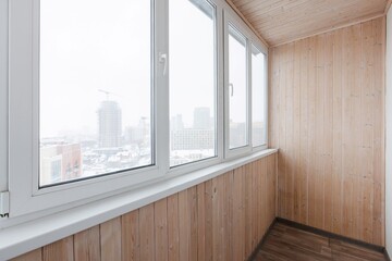 interior decoration of the interior of the balcony of a residential apartment. view from the balcony.