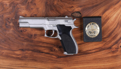police pistol on wooden background