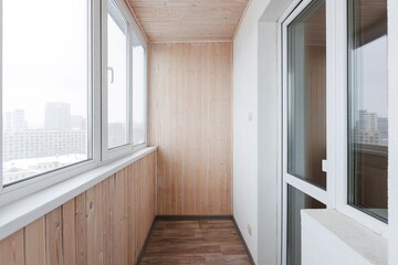 interior decoration of the interior of the balcony of a residential apartment. view from the balcony.