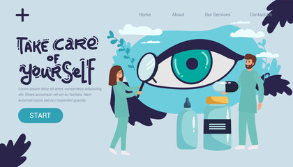 Ophthalmology medicine and optical eyesight examination. Idea of eye care and vision. Ophthalmologist doctor tests myopia. Patient sight correction, treatment with pills drops and glasses