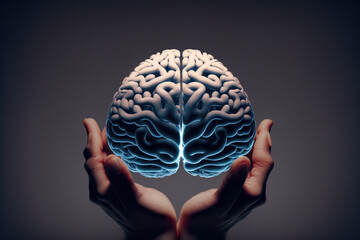 Brain in human hands, Generative AI illustration