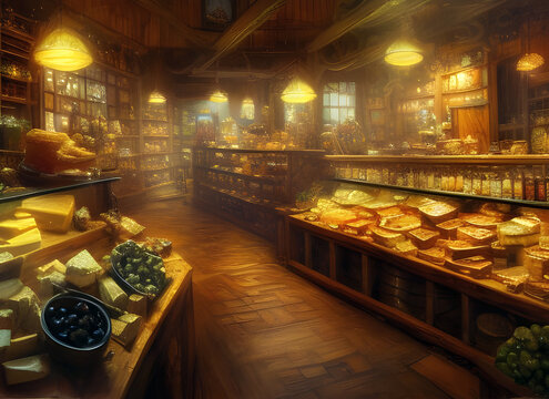 The interior of an old fashioned Cheese store with products on shelves and cheeses displayed on counters. generative ai illustration.