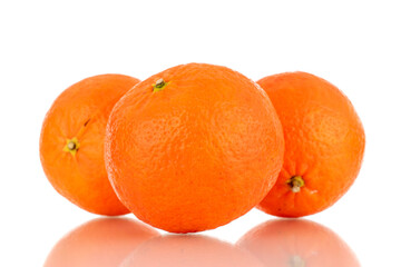 Three sweet organic tangerines, macro, isolated on white background.