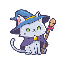 Cartoon cat wizard witch isolated on transparent background, 