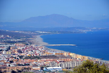 View towards the Rock of Gibraltar from Mid Harbour small boats marine, 2020