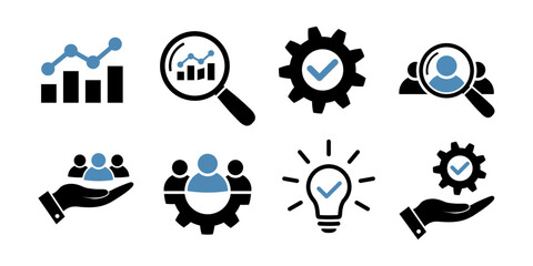 Business icon set in flat. Financial analysis, research, customer retention, process and teamwork symbols Search man, service, progress and customer care signs Black and blue business icons. Vector