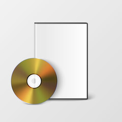 Vector 3d Realistic Golden CD, DVD with Plastic Cover, Envelope, Case Isolated. CD Box, Packaging Design Template for Mockup. Compact Disk Icon, Front View