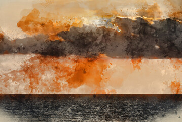 Digital watercolour image of Beautiful colorful dramatic deep vibrant sunset over ocean landscape image