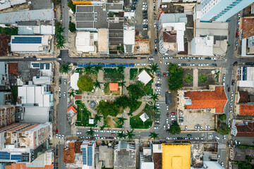 Top down view of main square with St. Lawrence Church in Manhuacu, Minas Gerais, Brazil