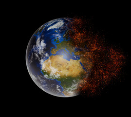 Fototapeta na wymiar View of planet earth burning in space 3D rendering elements of t