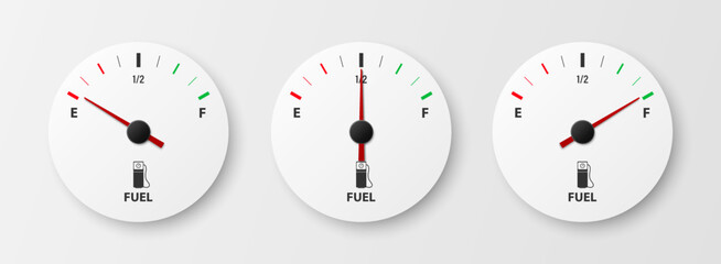 Vector 3d Realistic White Gas Fuel Tank Gauge, Oil Level Bar Set Isolated. Full and Empty. Display Board, Fuel Gauge Panel, Car Dashboard Details. Fuel Indicator, Gas Meter, Sensor. Design Template