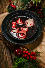 Fototapeta Beetroot borscht with small dumplings obraz