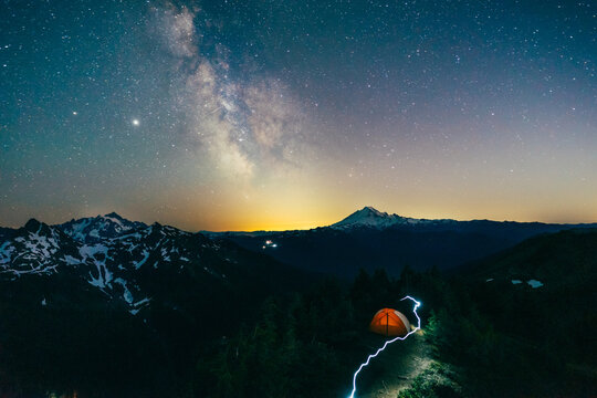 Starry sky over hiking trail at Mt Baker in Washington