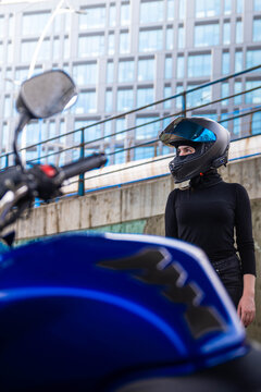 Close-up on a thrill look with her bike