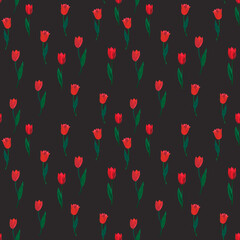 spring seamless pattern with red tulips on a black background