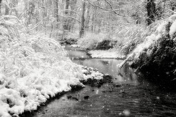 A Snowy Tennessee Wintertime Landscape With A Creek Flowing Through The Center.