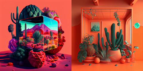 Surreal composition of cactus in interior, collection.