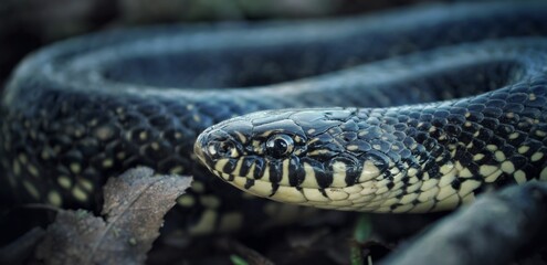 Side Of Head Macro Shot Of An Eastern Black King Snake Found In Middle Tennessee.