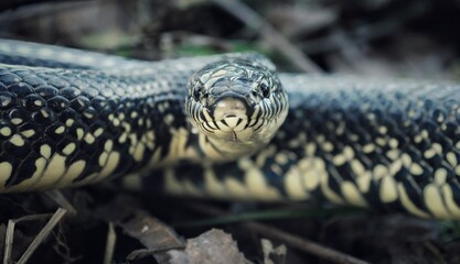 Close-Up Of An Eastern Black King Snake In Middle Tennessee.