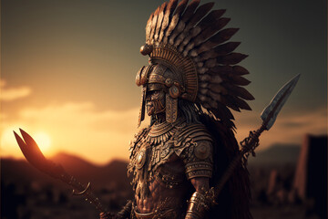 Native American portrait Mayan warrior on sunset background, Aztec, Inca, Indian tribe man, ancient civilization, ai generated