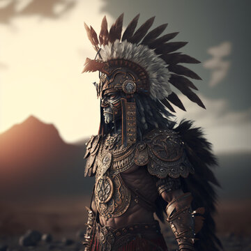 Native American portrait Mayan warrior on sunset background, Aztec, Inca, Indian tribe man, ancient civilization, ai generated