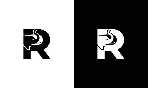 Initial letter R with elephant shape line art. Modern Elephant R Letter Alphabet Logo Design.