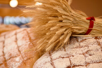 Fresh homemade bread close-up. Appetizing loaf of bread.
