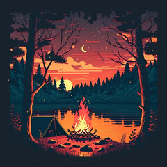 Sunset in the forest camping. Generative Ai.