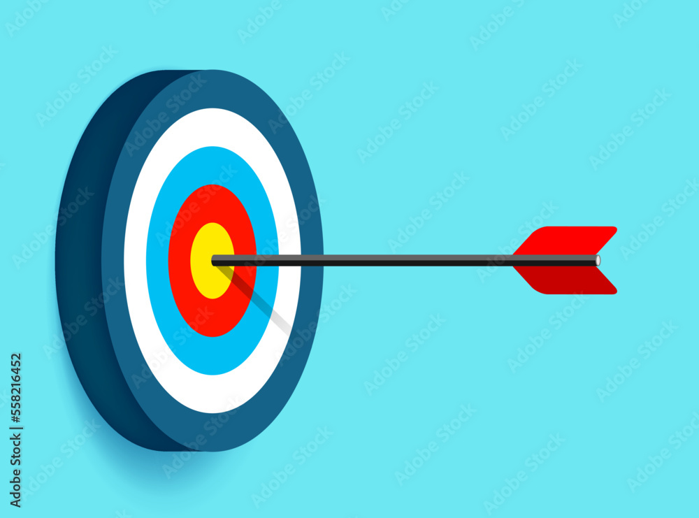 Poster target icon in 3d flat style on color background. arrow in the center aim. vector design element for