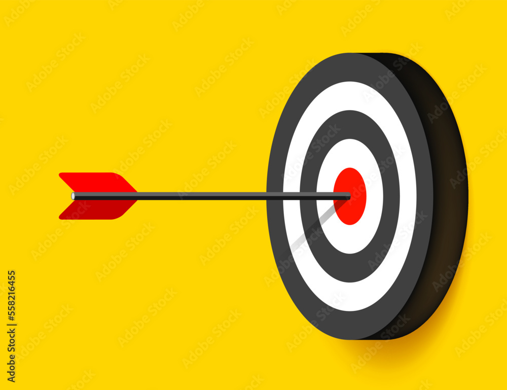 Poster target icon in 3d flat style on yellow background. arrow in the center aim. vector design element fo