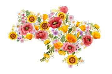 Watercolor wildflowers meadow map of Ukraine