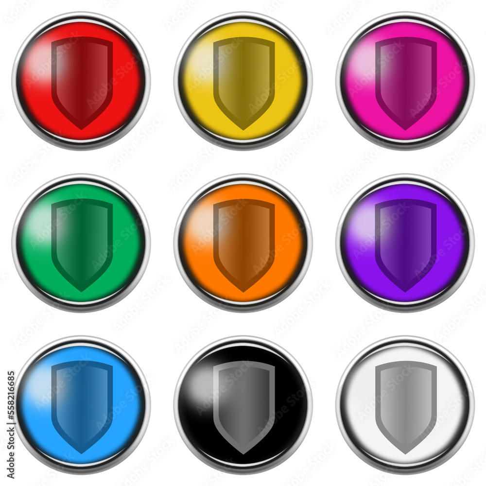 Poster Shield button icon set isolated on white with clipping path 3d illustration