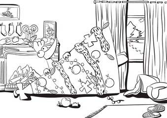 Illustration d’une page de coloriage destinée à un jeune public sur le thème de Noël. Une poule a fait tomber un sapin avec ces guirlandes et ces boules de Noël. 