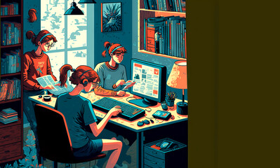 Fototapeta na wymiar Cartoon of young people working on computers. Generative ai