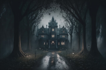 Haunted Victorian Mansion with a Small Stone Path. Edwardian mansion. misty and foggy landscape. Dark cold forest. Ghost house. - obrazy, fototapety, plakaty