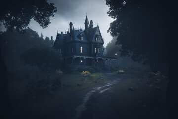 Haunted Victorian Mansion with a Small Stone Path. Horror abandoned ghost mansion concept art. Misty and foggy.