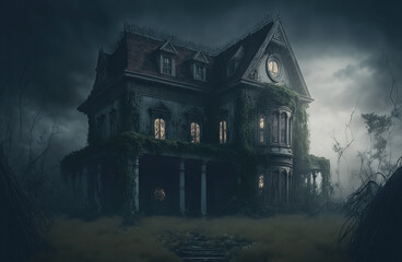 Haunted Victorian Mansion with a Small Stone Path. Edwardian mansion. misty and foggy landscape. Dark cold forest. Ghost house.