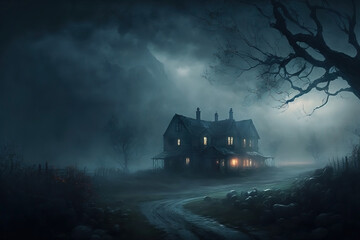 Creepy Cabin in the Forest at Night. Wood hut. Wood cabin. Stormy horror landscape. Misty and foggy.