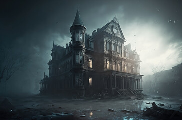 Abandoned Gothic House in the Rain. Haunted manor. Stormy gray horror sky. Mist and fog.