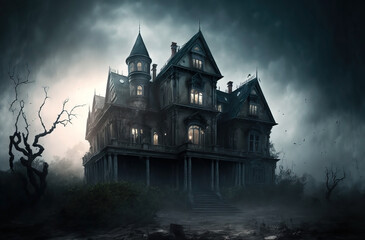 Obraz premium Mysterious Mansion in the Foggy Forest. Dry trees and branches.