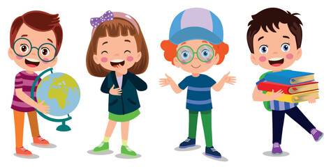 cute kids holding book smiling holding world map