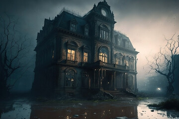 Spooky three Story Manor in a Stormy Weather. Attic with glowing windows. Misty and foggy.