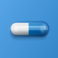 Vector 3d Realistic Blue and White Pharmaceutical Medical Pill, Capsule, Tablet on Blue Background. Front View. Copy Space. Medicine, Male Health Concept