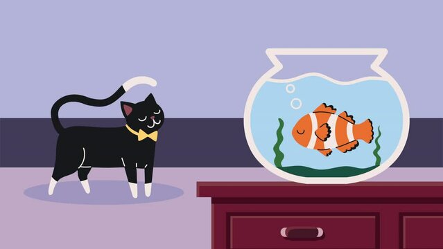 cute cat and fish characters animation