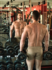 Naklejka premium Muscular, shirtless male bodybuilder working out in gym