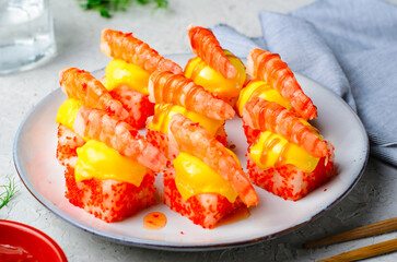 Hot Sushi Rolls with Shrimps, Baked Sushi Rolls with Seafood, Cheese Topped