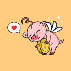 Cute flying pig, money, business icon isolated background. Piggy character vector icon
