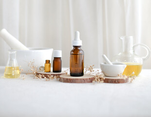 beauty and spa product with pestle and mortar on white background with copy space.
